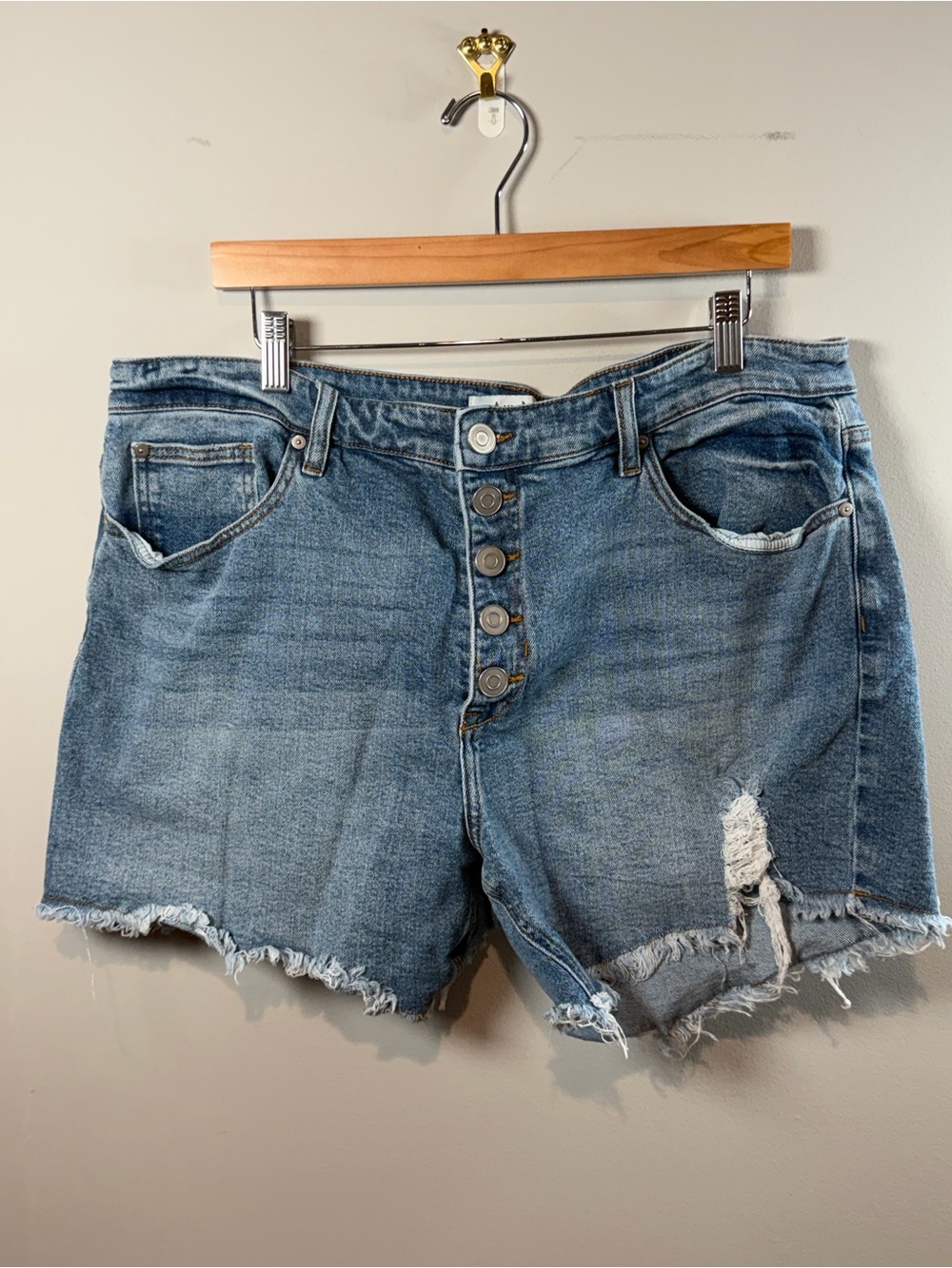ARULA Women’s Medium Blue Distressed High-Rise Button-Fly Denim Shorts  Size 16